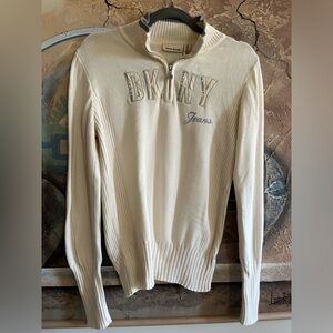 DKNY JEANS  Ivory Logo Embroidered Half-Zip Mock Neck Sweater Vintage Y2K Cotton